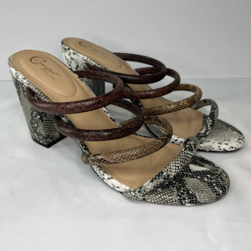 C Comfort Brown Gray Vegan Leather Snake Print Slip On Block Heels Women's 10